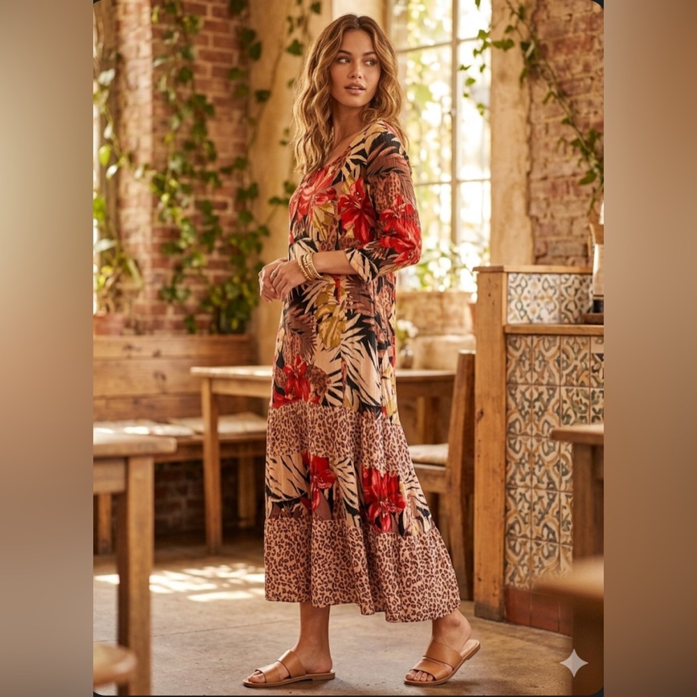 VINTAGE BFA CLASSICS 🌸 Tiered Boho Maxi Dress Floral Cheetah XL RARE FALL 2013